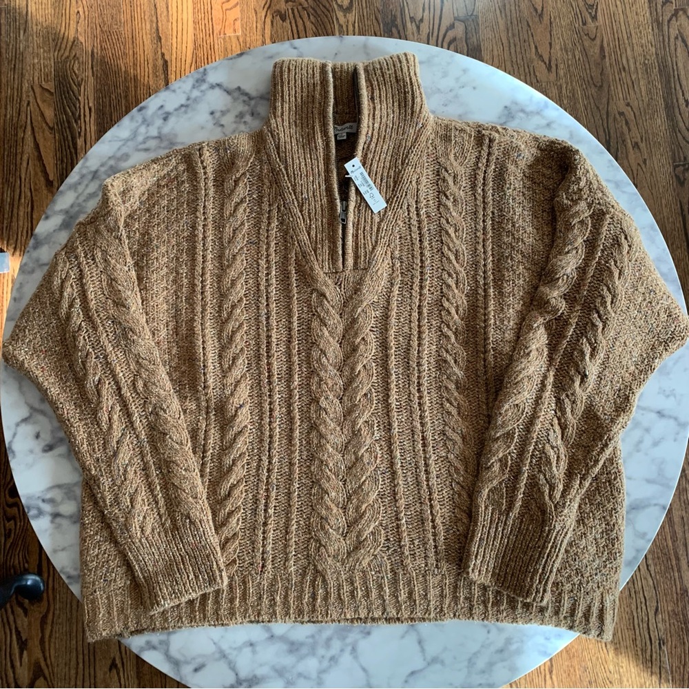 Madewell Cable Knit Half-Zip Sweater in Camel